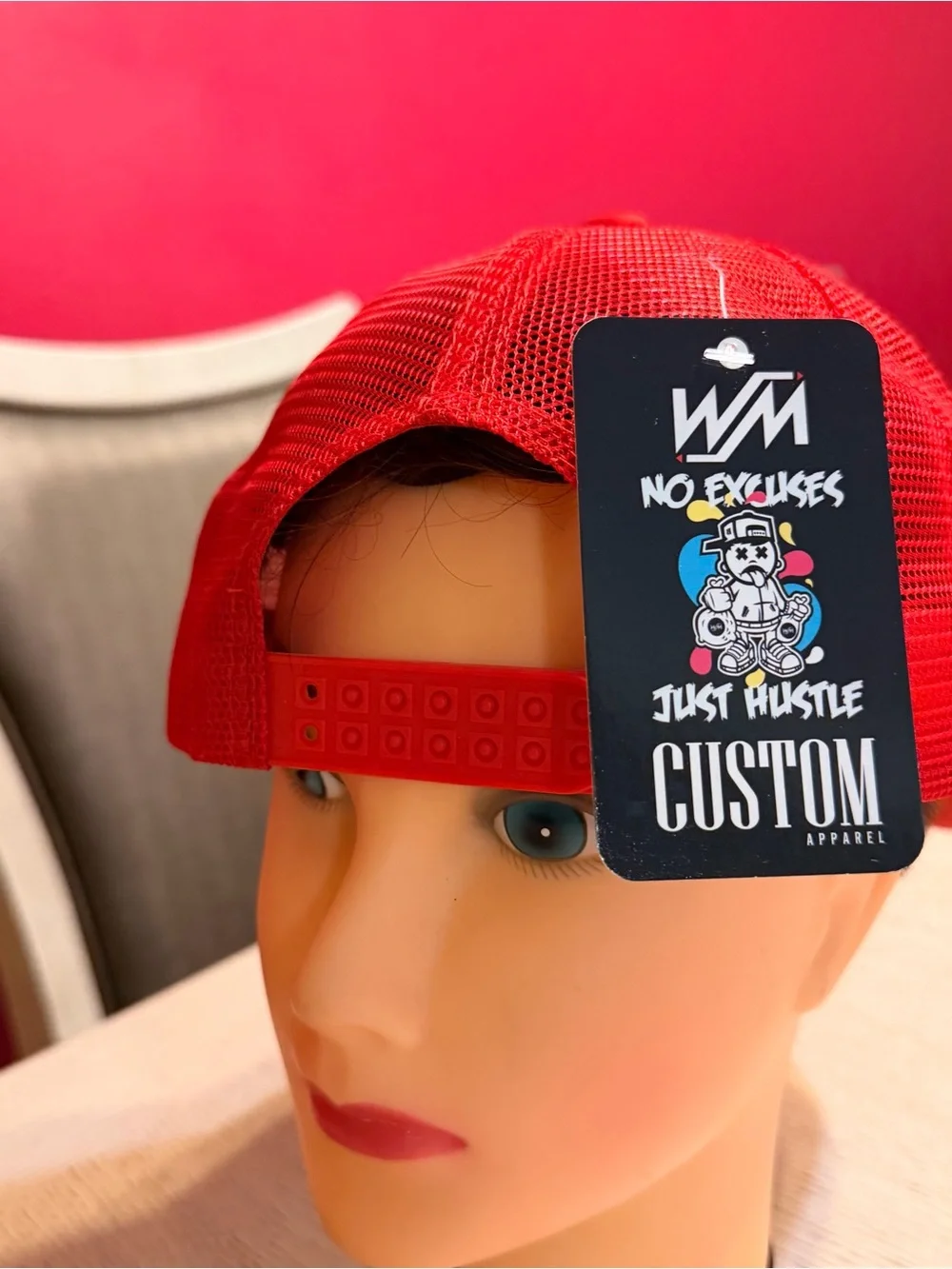 Red and White Trucker Hat with Skull Pizza Graphic